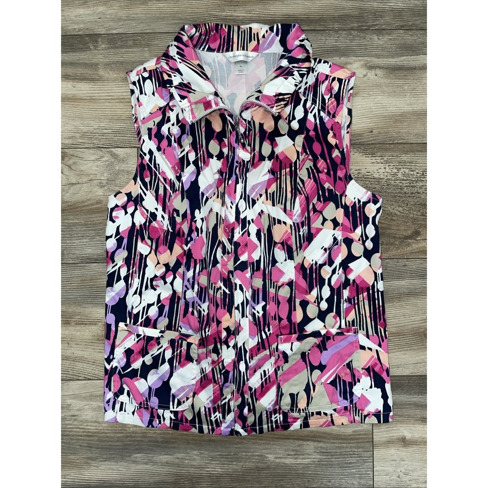 Christopher & Banks Vest Womens Medium Pink Purple Splatter Print Zip Up Cotton